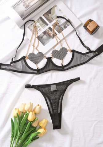 (Real Image)2024 Styles Women Transparent Chest Heart Chain Sexy Sheer Net Mesh Two-Piece Set