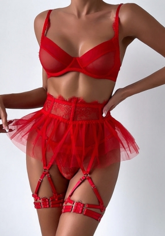 (Real Image)2024 Styles Women Sexy Sheer Gathered Lace and Mesh Patchwork Lingerie Four-Piece Set