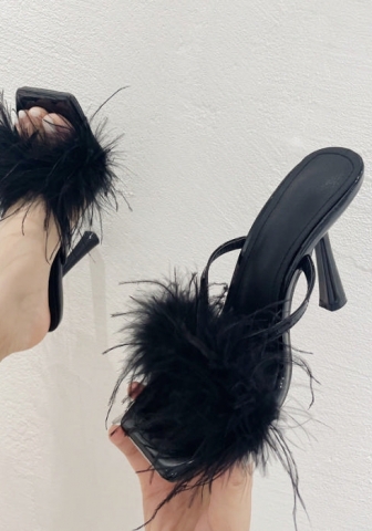 (Real Image)2024 Styles Women Square-Toe Fashion Furry High Heels Mules