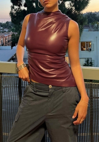 (Real Image,Only Tops)2024 Styles Women Leather Collar Waist-Cinch Asymmetrical Sleeveless Top