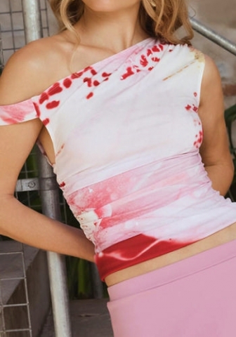 (Real Image,Only Tops)2024 Styles Women Sexy Spice Ombre Print Asymmetrical Slanted Shoulder Pleated Top