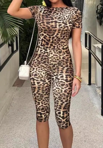 (Real Image)2024 Styles Women Round-Neck Short-Sleeved Leopard Print High-Waisted Stylish Hot Pants Playsuit