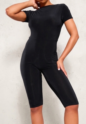 (Black)2024 Styles Women Round-Neck Short-Sleeved Leopard Print High-Waisted Stylish Hot Pants Playsuit