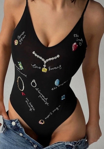 (Black)2024 Styles Women Stylish Printed Sexy Straps Tight Silky Bodysuit