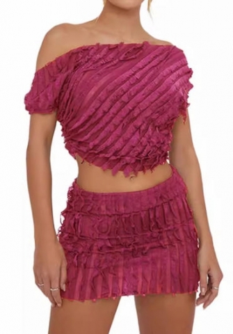 (Real Image)2024 Styles Women Wavy Striped Top with Exposed Back Short Sleeves Sexy Short Skirt Two-Piece Set