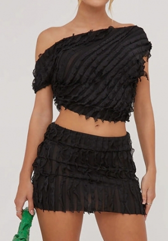 (Black)2024 Styles Women Wavy Striped Top with Exposed Back Short Sleeves Sexy Short Skirt Two-Piece Set