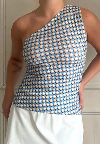 (Light Blue,Only Tops)2024 Styles Women Asymmetrical Shoulder Multicolor Print Casual Versatile T-Shirt Top