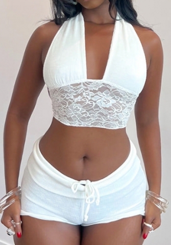 (White)2024 Styles Women Lace-Trimmed Halter Top with Exposed Waist Drawstring Shorts Two-Piece Set