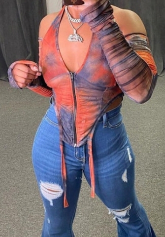 (Real Image,Only Tops)2024 Styles Women Halter Exposed-Back Zip Mesh See-Through Tie-Up Top