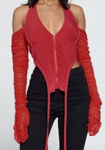 (Real Image,Only Tops)2024 Styles Women Halter Exposed-Back Zip Mesh See-Through Tie-Up Top