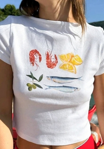 (Real Image)2024 Styles Women Round-Neck Printed Spice Short-Sleeved Crop T-Shirt