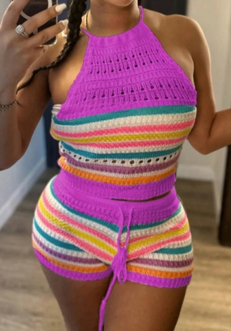 (Purple)2024 Styles Women Contrast Color Summer Sweater Short Two Piece Suit