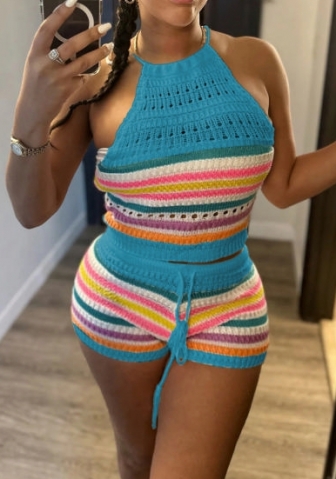 (Blue)2024 Styles Women Contrast Color Summer Sweater Short Two Piece Suit