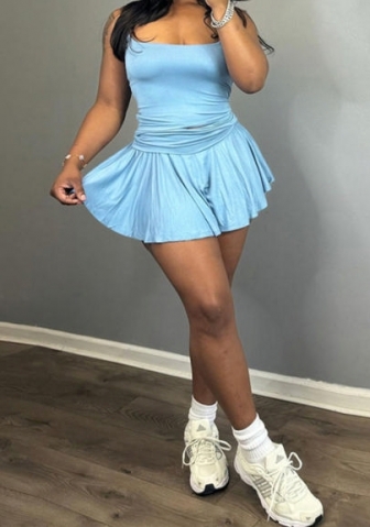 (Blue)2024 Styles Women Stylish Trendy Strapless Sleeveless Slim Fit Pleated Mini Skirt Set