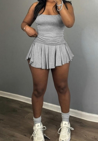 (Gray)2024 Styles Women Stylish Trendy Strapless Sleeveless Slim Fit Pleated Mini Skirt Set