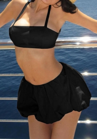 (Black)2024 Styles Women Strappy Tank Top and Puffy Mini Skirt Set with a Stylish Twist