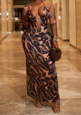 (Leopard)2024 Styles Women Sultry Halter Tie-Back Cropped and Backless Leopard Print Maxi Dress