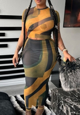 (Real Image)2024 Styles Women Floral Print Short Sleeve Round Neck Top with a Form-Fitting Skirt Set