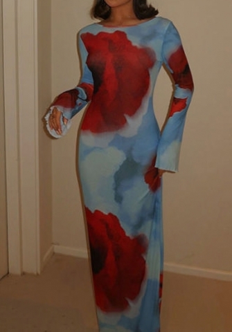 (Real Image)2024 Styles Women Floral Long Sleeve Round Neck Backless Body-Con Maxi Dress