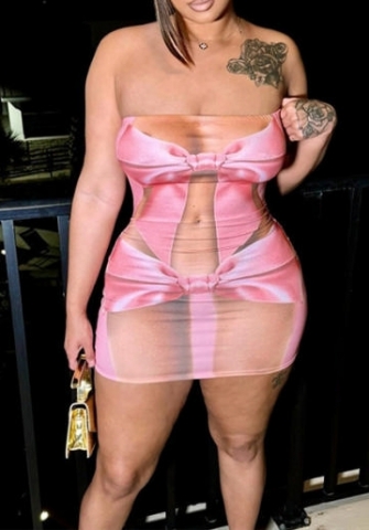 (Real Image)2024 Styles Women Bow-Knot Printed Halter Neck Body-Con Hip-Hugging Sexy Mini Dress