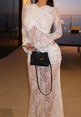 (Real Image)2024 Styles Women Sensual Lace Cross-Over Long-Sleeve Top with Matching Maxi Skirt Two-Piece Set