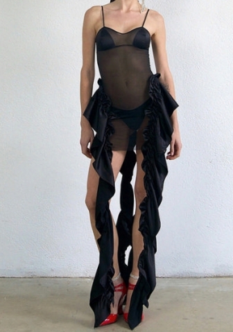 (Real Image)2024 Styles Women Strapless Tulle Sheer Fringe-Trimmed Fluttery Sash Mini Dress