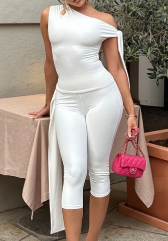 (Real Image)2024 Styles Women Asymmetrical Collar Tied Sleeveless Top with Fitted Capri Pants Casual Set