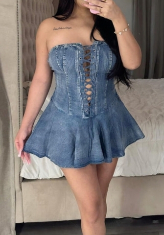 (Real Image)2024 Styles Women Stretch Denim Zipper Tied Bustier Mini Skirt with Ruffle Hem