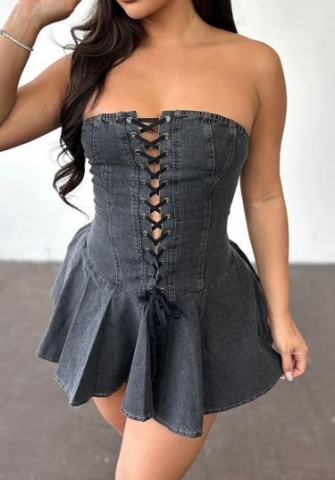 (Black)2024 Styles Women Stretch Denim Zipper Tied Bustier Mini Skirt with Ruffle Hem