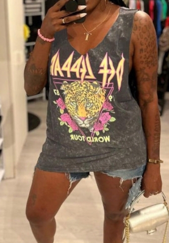 (Real Image)2024 Styles Women Loose Fit Sleeveless Printed Washed T-Shirt