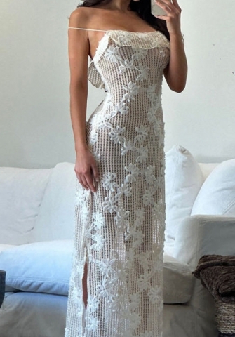 (Real Image)2024 Styles Women Seductive Elegance: Sheer Body-Con Strappy Dress with Delicate Floral Openwork