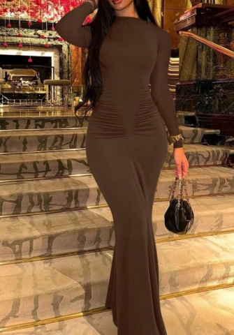 (Coffee)2024 Styles Women Fitted Pleated Round-Neck Long-Sleeve Dress