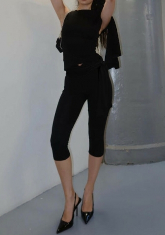 (Black)2024 Styles Women Asymmetrical Sleeveless Top with Tied-Waist Slim Shorts Set