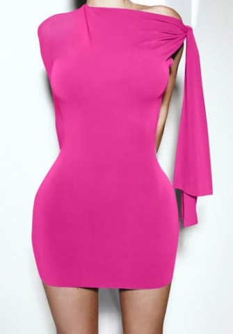 (Real Image)2024 Styles Women One-Shoulder Asymmetrical Neckline Tied-Waist Solid Color Bodycon Dress