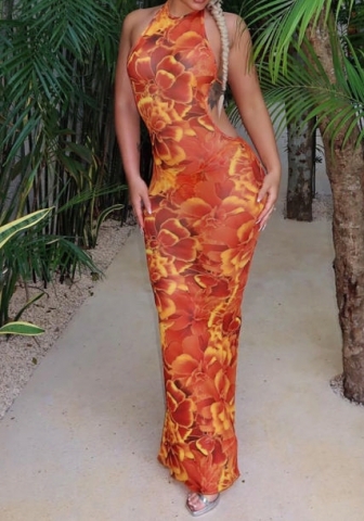 (Real Image)2024 Styles Women Printed Sexy Backless Lace-Up Bodycon Sleeveless Dress