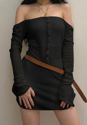 (Black,Not Waist Tie)2024 Styles Women Solid Color Button-Front Peplum Long Sleeve Dress