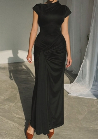 (Black)2024 Styles Women Fitted Pleated Tied Waist Short Sleeve Dress