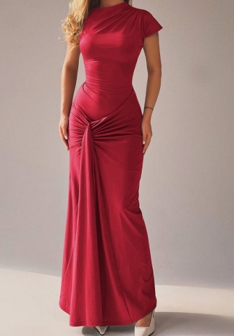 (Red)2024 Styles Women Fitted Pleated Tied Waist Short Sleeve Dress