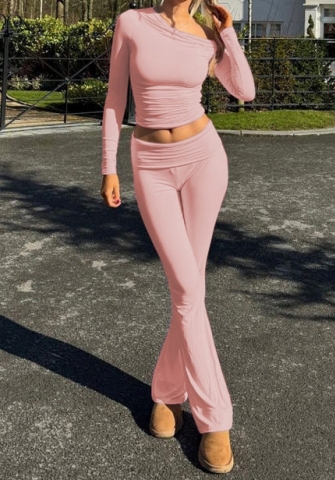 (Real Image)2024 Styles Women Asymmetrical Neckline Long Sleeve Top with Slim Pants Set