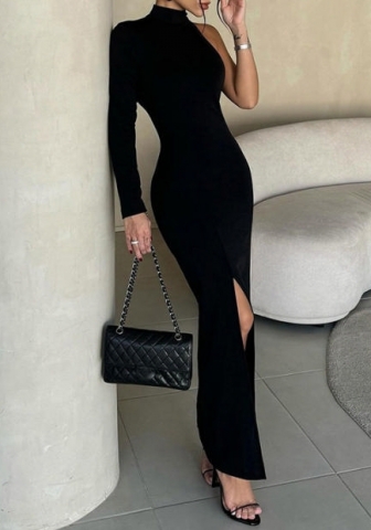 (Real Image)2024 Styles Women Back Hidden Zipper Fitted One-Shoulder Split Long Sleeve Dress