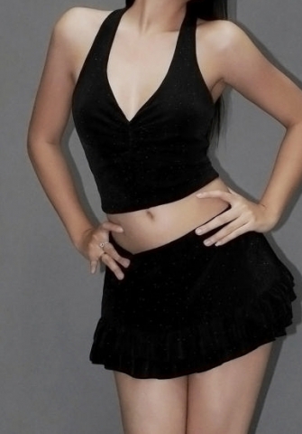 (Black)2024 Styles Women Backless Lace-Up Halter Top and Mini Skirt Set with Ruffled Detail