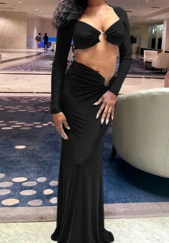 (Black)2024 Styles Women Cutout Metallic Button Long Sleeve Top with Fitted Long Skirt Set