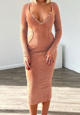 (Real Image)2024 Styles Women Fitted Knit Ribbed V-Neck Waist-Cinching Long-Sleeve Dress