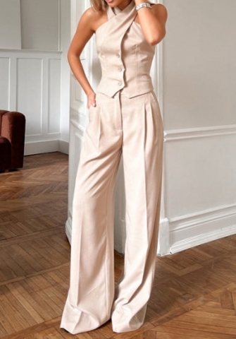 (Apricot)2024 Styles Women Casual Halter Top with Wide-Leg Pants Suit Set