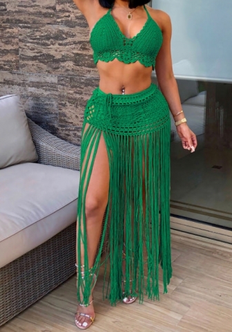 (Green)2024 Styles Women Hand-Crochet Bikini Top with Extended Fringe Skirt Two-Piece Set