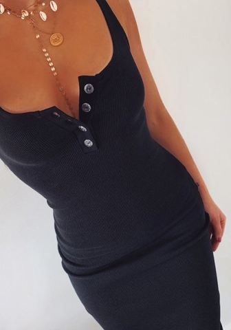 (Black)2024 Styles Women Body-Hugging Ribbed Sheer-Buttoned Mid-Length Dress