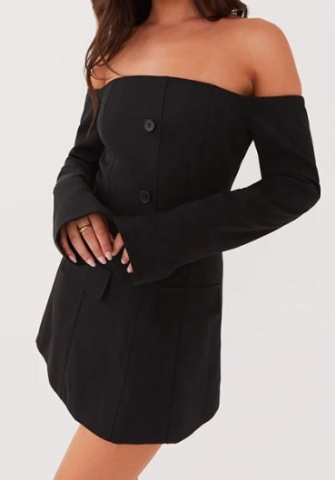 (Black)2024 Styles Women Off-Shoulder Pocket-Flapped Long-Sleeve Bodycon Dress