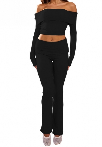 (Real Image)2024 Styles Women One-Shoulder Crop Top with Low-Waist Flared Pants: A Stylish Slimming Solid Color Set