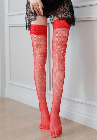 (Red)2024 Styles Women Seductive Thigh-High Stockings with Lace Trim and Embellished Sequins