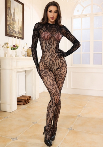 (Black)2024 Styles Women Embroidered Sheer Long-Sleeve Stocking-Bodysuit